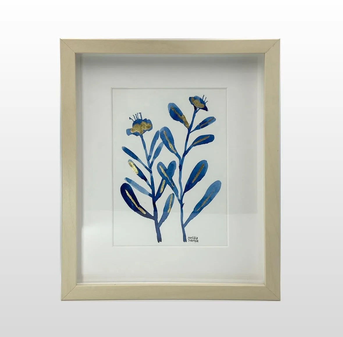 Indigo Blooms, Gilded Original Watercolour Botanical Wall Art